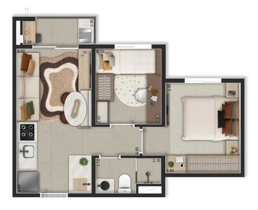 Planta ilustrativa de 34 m² · 2 dorms